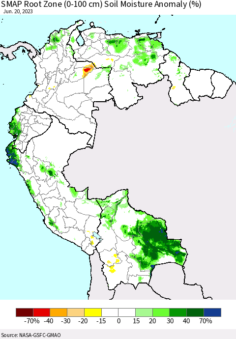 Northern South America SMAP Root Zone (0-100 cm) Soil Moisture Anomaly (%) Thematic Map For 6/16/2023 - 6/20/2023