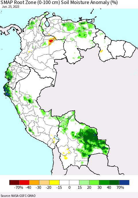 Northern South America SMAP Root Zone (0-100 cm) Soil Moisture Anomaly (%) Thematic Map For 6/21/2023 - 6/25/2023
