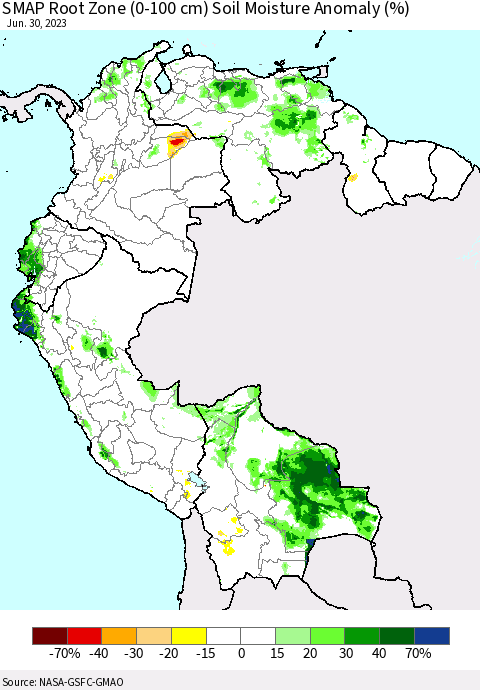 Northern South America SMAP Root Zone (0-100 cm) Soil Moisture Anomaly (%) Thematic Map For 6/26/2023 - 6/30/2023