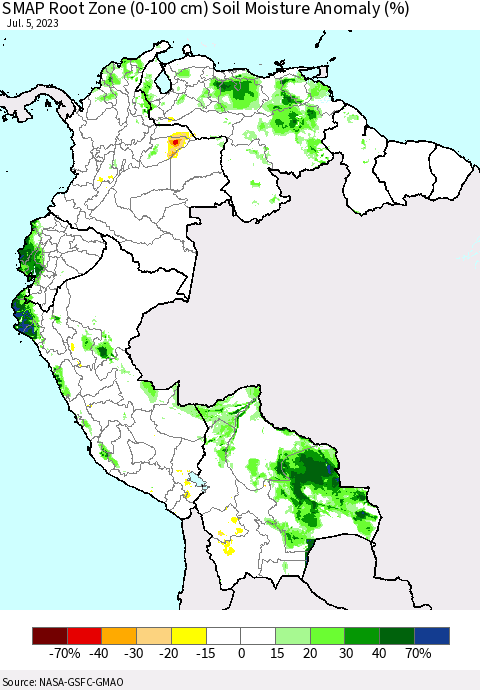 Northern South America SMAP Root Zone (0-100 cm) Soil Moisture Anomaly (%) Thematic Map For 7/1/2023 - 7/5/2023