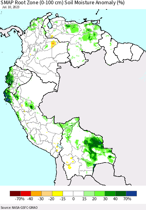 Northern South America SMAP Root Zone (0-100 cm) Soil Moisture Anomaly (%) Thematic Map For 7/6/2023 - 7/10/2023