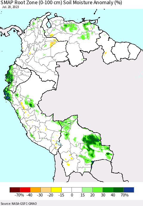 Northern South America SMAP Root Zone (0-100 cm) Soil Moisture Anomaly (%) Thematic Map For 7/16/2023 - 7/20/2023