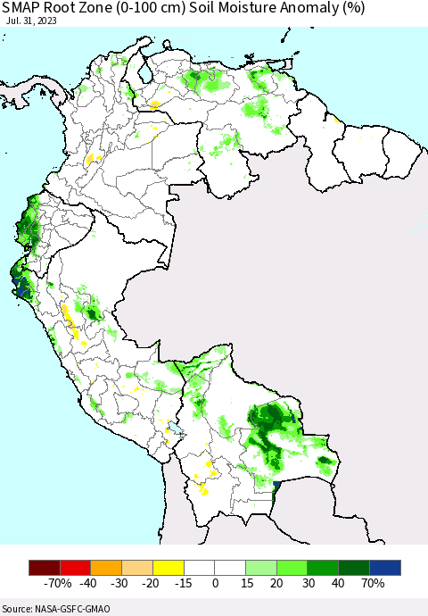 Northern South America SMAP Root Zone (0-100 cm) Soil Moisture Anomaly (%) Thematic Map For 7/26/2023 - 7/31/2023