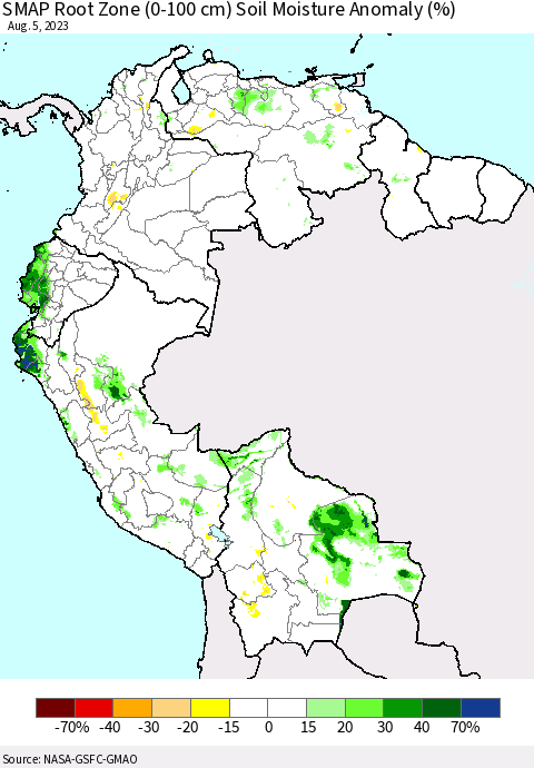 Northern South America SMAP Root Zone (0-100 cm) Soil Moisture Anomaly (%) Thematic Map For 8/1/2023 - 8/5/2023