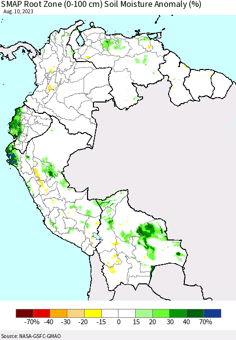 Northern South America SMAP Root Zone (0-100 cm) Soil Moisture Anomaly (%) Thematic Map For 8/6/2023 - 8/10/2023