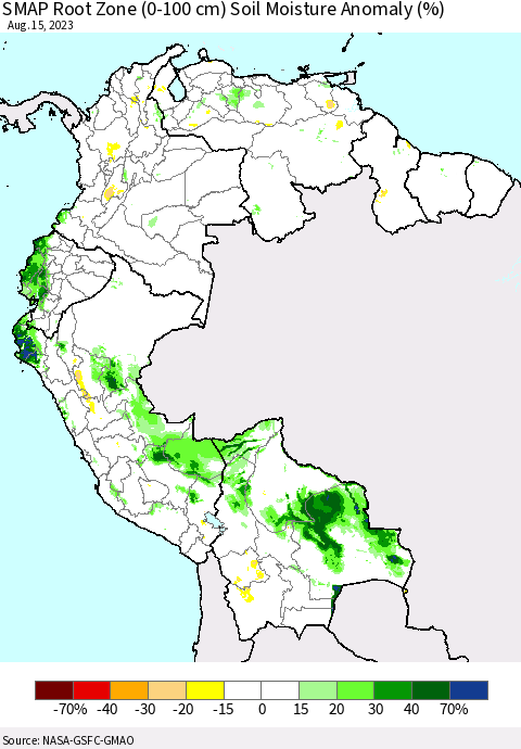 Northern South America SMAP Root Zone (0-100 cm) Soil Moisture Anomaly (%) Thematic Map For 8/11/2023 - 8/15/2023