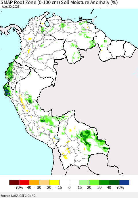 Northern South America SMAP Root Zone (0-100 cm) Soil Moisture Anomaly (%) Thematic Map For 8/16/2023 - 8/20/2023