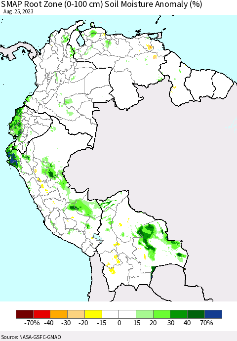 Northern South America SMAP Root Zone (0-100 cm) Soil Moisture Anomaly (%) Thematic Map For 8/21/2023 - 8/25/2023