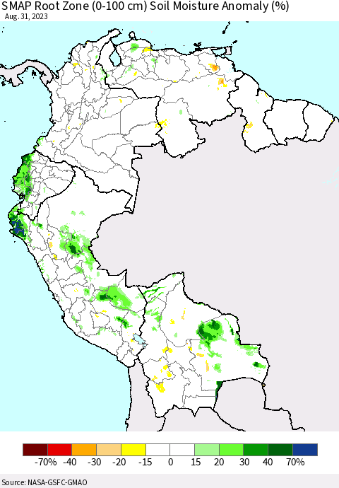 Northern South America SMAP Root Zone (0-100 cm) Soil Moisture Anomaly (%) Thematic Map For 8/26/2023 - 8/31/2023