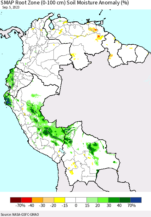 Northern South America SMAP Root Zone (0-100 cm) Soil Moisture Anomaly (%) Thematic Map For 9/1/2023 - 9/5/2023