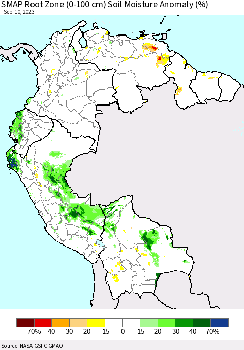 Northern South America SMAP Root Zone (0-100 cm) Soil Moisture Anomaly (%) Thematic Map For 9/6/2023 - 9/10/2023