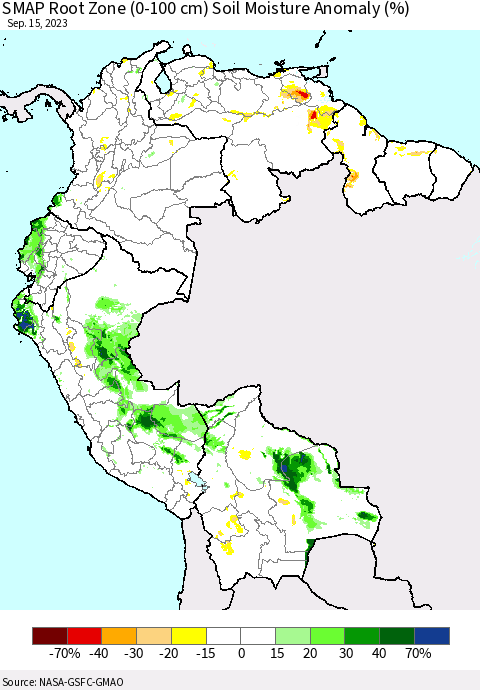 Northern South America SMAP Root Zone (0-100 cm) Soil Moisture Anomaly (%) Thematic Map For 9/11/2023 - 9/15/2023