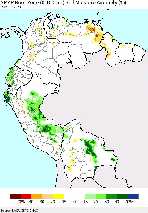 Northern South America SMAP Root Zone (0-100 cm) Soil Moisture Anomaly (%) Thematic Map For 9/16/2023 - 9/20/2023