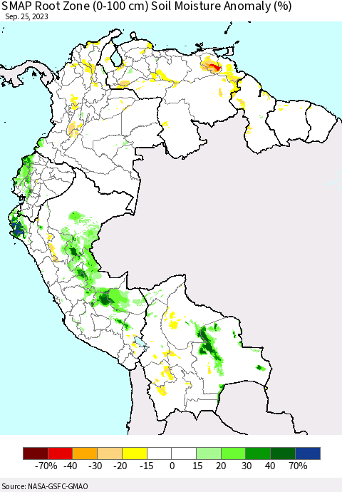 Northern South America SMAP Root Zone (0-100 cm) Soil Moisture Anomaly (%) Thematic Map For 9/21/2023 - 9/25/2023