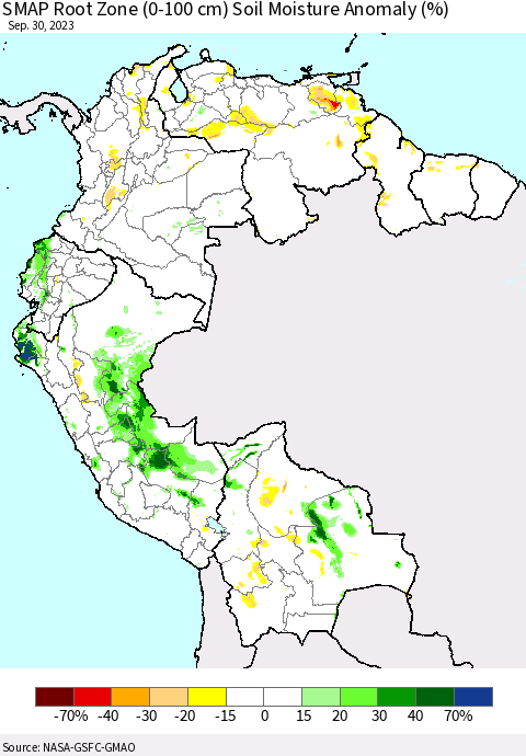 Northern South America SMAP Root Zone (0-100 cm) Soil Moisture Anomaly (%) Thematic Map For 9/26/2023 - 9/30/2023