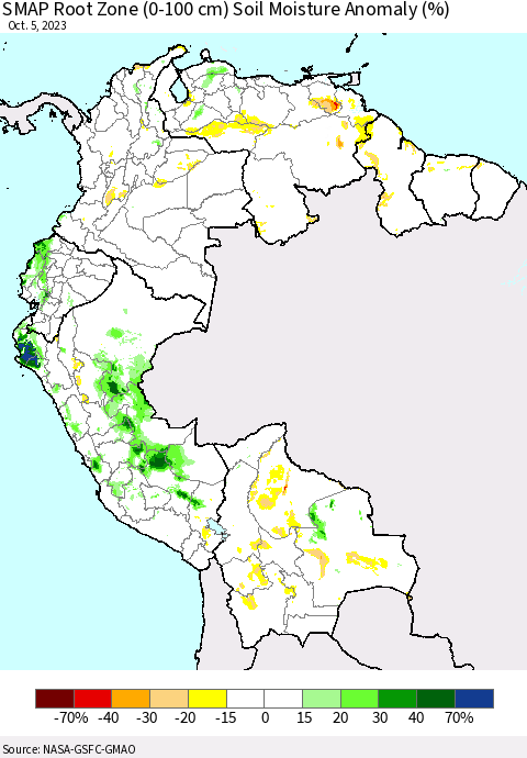 Northern South America SMAP Root Zone (0-100 cm) Soil Moisture Anomaly (%) Thematic Map For 10/1/2023 - 10/5/2023