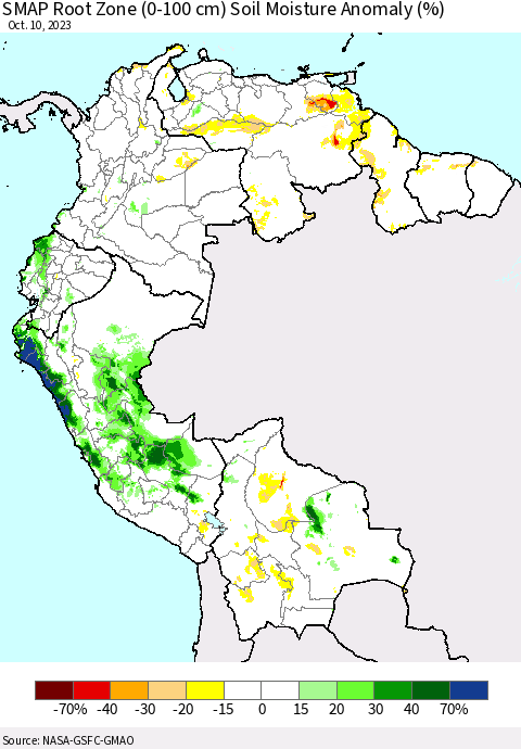 Northern South America SMAP Root Zone (0-100 cm) Soil Moisture Anomaly (%) Thematic Map For 10/6/2023 - 10/10/2023