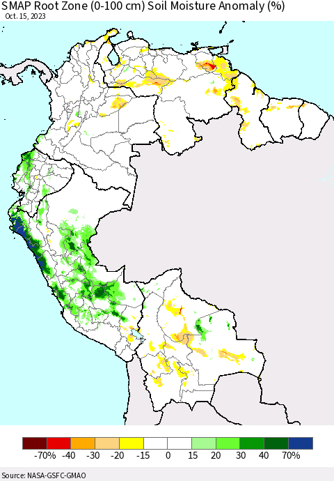 Northern South America SMAP Root Zone (0-100 cm) Soil Moisture Anomaly (%) Thematic Map For 10/11/2023 - 10/15/2023