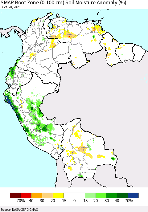 Northern South America SMAP Root Zone (0-100 cm) Soil Moisture Anomaly (%) Thematic Map For 10/16/2023 - 10/20/2023