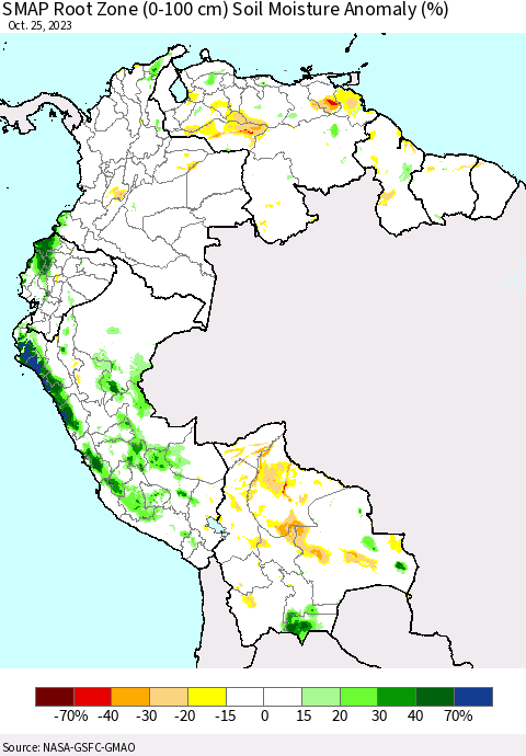 Northern South America SMAP Root Zone (0-100 cm) Soil Moisture Anomaly (%) Thematic Map For 10/21/2023 - 10/25/2023