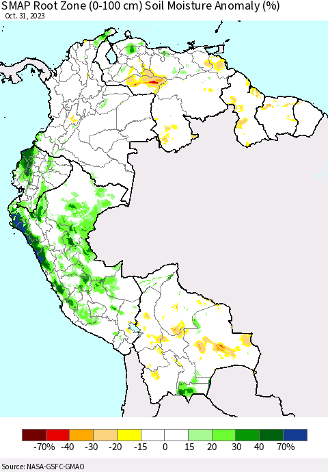 Northern South America SMAP Root Zone (0-100 cm) Soil Moisture Anomaly (%) Thematic Map For 10/26/2023 - 10/31/2023