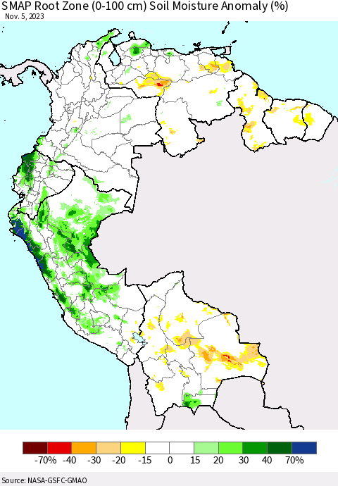 Northern South America SMAP Root Zone (0-100 cm) Soil Moisture Anomaly (%) Thematic Map For 11/1/2023 - 11/5/2023
