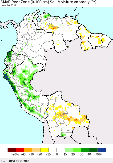 Northern South America SMAP Root Zone (0-100 cm) Soil Moisture Anomaly (%) Thematic Map For 11/6/2023 - 11/10/2023