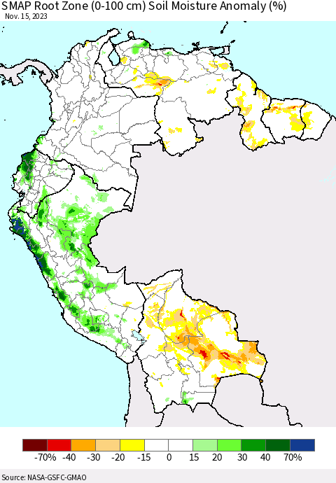 Northern South America SMAP Root Zone (0-100 cm) Soil Moisture Anomaly (%) Thematic Map For 11/11/2023 - 11/15/2023
