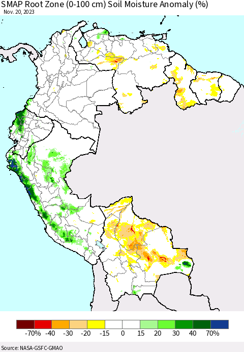 Northern South America SMAP Root Zone (0-100 cm) Soil Moisture Anomaly (%) Thematic Map For 11/16/2023 - 11/20/2023