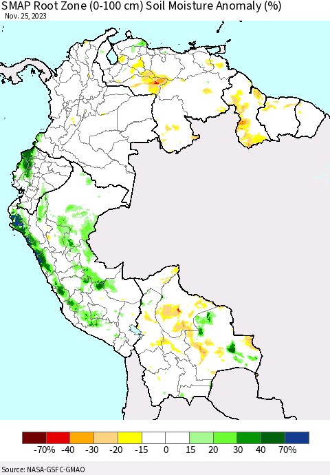 Northern South America SMAP Root Zone (0-100 cm) Soil Moisture Anomaly (%) Thematic Map For 11/21/2023 - 11/25/2023