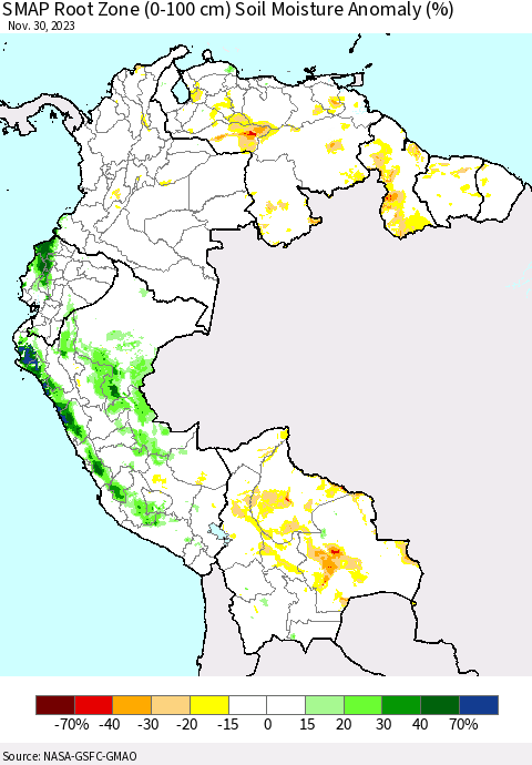 Northern South America SMAP Root Zone (0-100 cm) Soil Moisture Anomaly (%) Thematic Map For 11/26/2023 - 11/30/2023