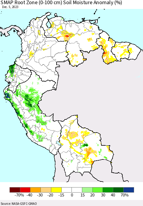 Northern South America SMAP Root Zone (0-100 cm) Soil Moisture Anomaly (%) Thematic Map For 12/1/2023 - 12/5/2023