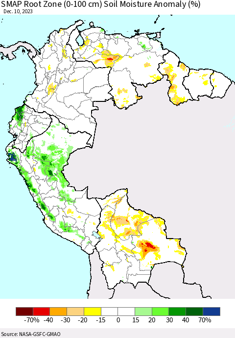 Northern South America SMAP Root Zone (0-100 cm) Soil Moisture Anomaly (%) Thematic Map For 12/6/2023 - 12/10/2023