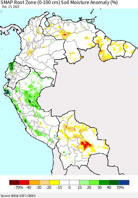 Northern South America SMAP Root Zone (0-100 cm) Soil Moisture Anomaly (%) Thematic Map For 12/11/2023 - 12/15/2023