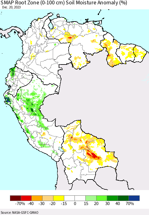 Northern South America SMAP Root Zone (0-100 cm) Soil Moisture Anomaly (%) Thematic Map For 12/16/2023 - 12/20/2023