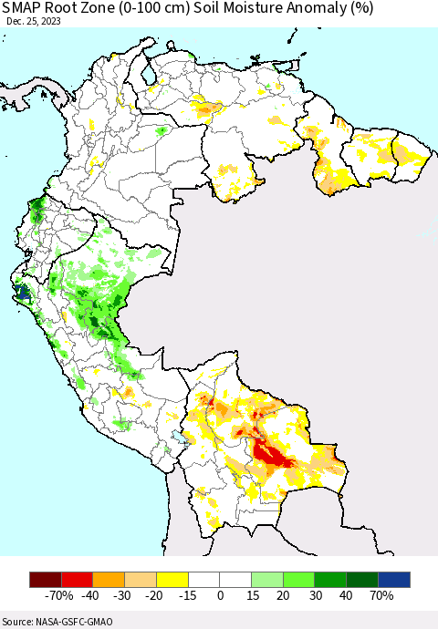 Northern South America SMAP Root Zone (0-100 cm) Soil Moisture Anomaly (%) Thematic Map For 12/21/2023 - 12/25/2023
