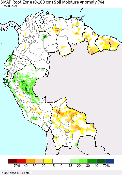 Northern South America SMAP Root Zone (0-100 cm) Soil Moisture Anomaly (%) Thematic Map For 12/26/2023 - 12/31/2023