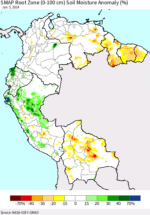 Northern South America SMAP Root Zone (0-100 cm) Soil Moisture Anomaly (%) Thematic Map For 1/1/2024 - 1/5/2024