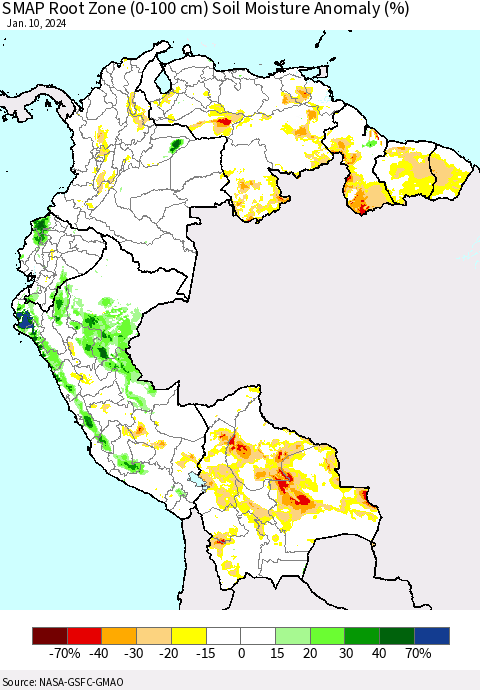 Northern South America SMAP Root Zone (0-100 cm) Soil Moisture Anomaly (%) Thematic Map For 1/6/2024 - 1/10/2024