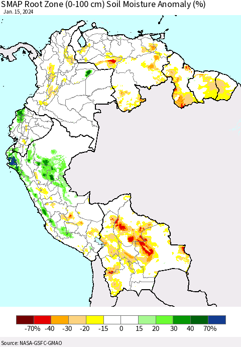 Northern South America SMAP Root Zone (0-100 cm) Soil Moisture Anomaly (%) Thematic Map For 1/11/2024 - 1/15/2024