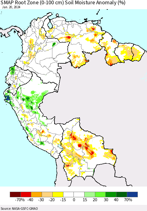 Northern South America SMAP Root Zone (0-100 cm) Soil Moisture Anomaly (%) Thematic Map For 1/16/2024 - 1/20/2024