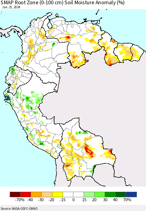 Northern South America SMAP Root Zone (0-100 cm) Soil Moisture Anomaly (%) Thematic Map For 1/21/2024 - 1/25/2024