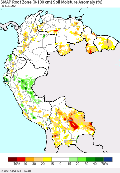 Northern South America SMAP Root Zone (0-100 cm) Soil Moisture Anomaly (%) Thematic Map For 1/26/2024 - 1/31/2024