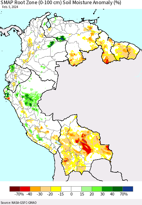 Northern South America SMAP Root Zone (0-100 cm) Soil Moisture Anomaly (%) Thematic Map For 2/1/2024 - 2/5/2024