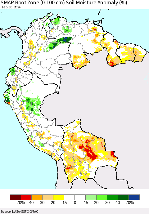 Northern South America SMAP Root Zone (0-100 cm) Soil Moisture Anomaly (%) Thematic Map For 2/6/2024 - 2/10/2024