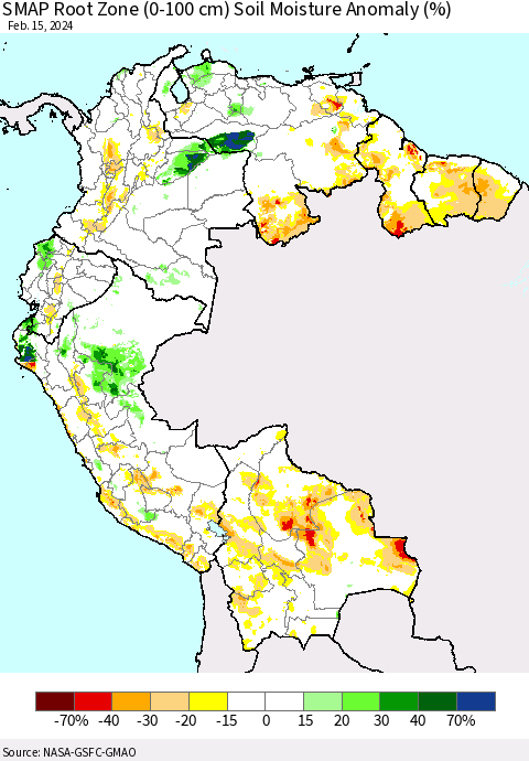 Northern South America SMAP Root Zone (0-100 cm) Soil Moisture Anomaly (%) Thematic Map For 2/11/2024 - 2/15/2024