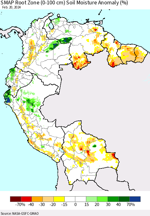 Northern South America SMAP Root Zone (0-100 cm) Soil Moisture Anomaly (%) Thematic Map For 2/16/2024 - 2/20/2024