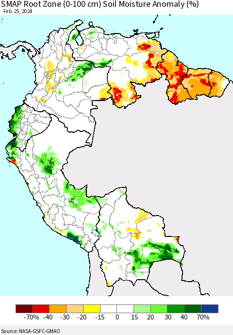 Northern South America SMAP Root Zone (0-100 cm) Soil Moisture Anomaly (%) Thematic Map For 2/21/2024 - 2/25/2024