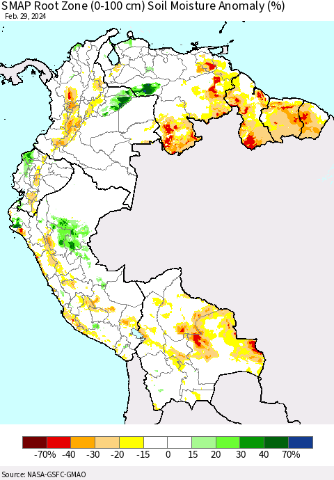 Northern South America SMAP Root Zone (0-100 cm) Soil Moisture Anomaly (%) Thematic Map For 2/26/2024 - 2/29/2024
