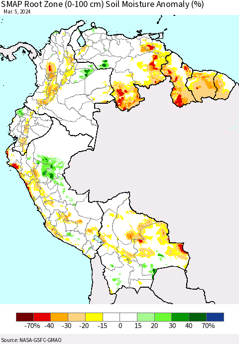 Northern South America SMAP Root Zone (0-100 cm) Soil Moisture Anomaly (%) Thematic Map For 3/1/2024 - 3/5/2024